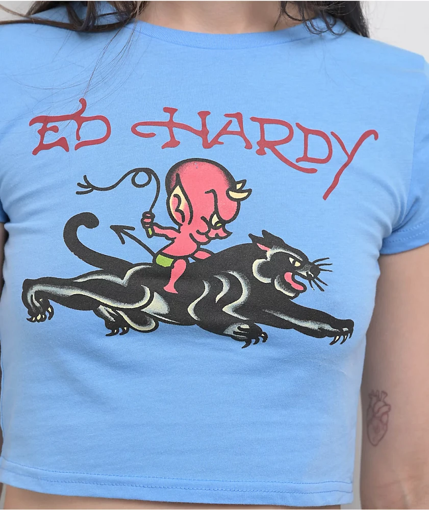 Ed Hardy Devil Panther Powder Blue Crop T-Shirt