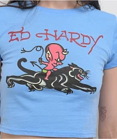Ed Hardy Devil Panther Powder Blue Crop T-Shirt