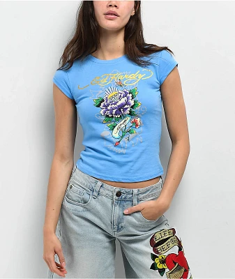 Ed Hardy Diamond Flower Power Blue Cap Sleeve Crop T-Shirt