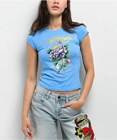 Ed Hardy Diamond Flower Power Blue Cap Sleeve Crop T-Shirt