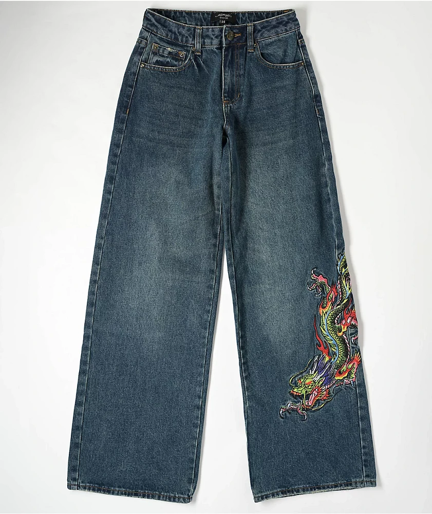 Ed Hardy Dragon Blue Wide Leg Denim Jeans