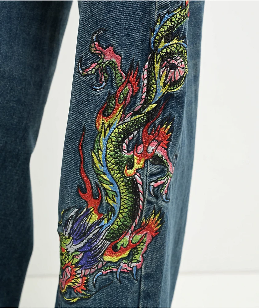 Ed Hardy Dragon Blue Wide Leg Denim Jeans