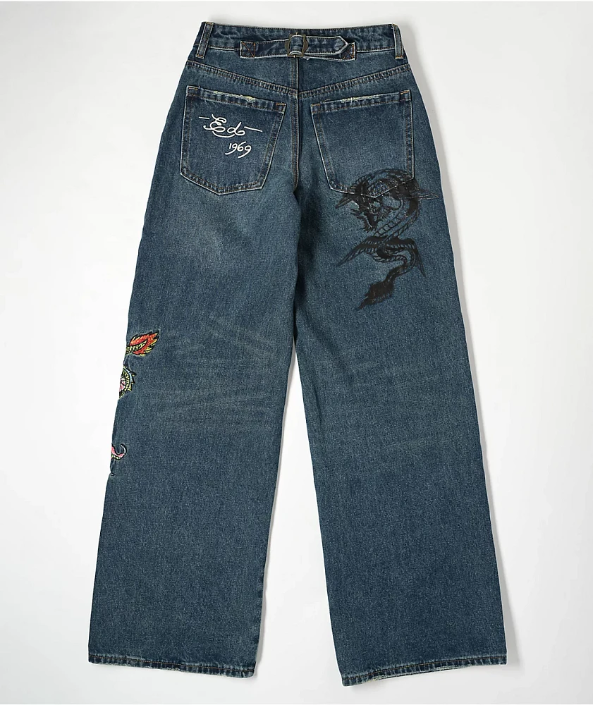 Ed Hardy Dragon Blue Wide Leg Denim Jeans