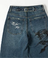 Ed Hardy Dragon Blue Wide Leg Denim Jeans