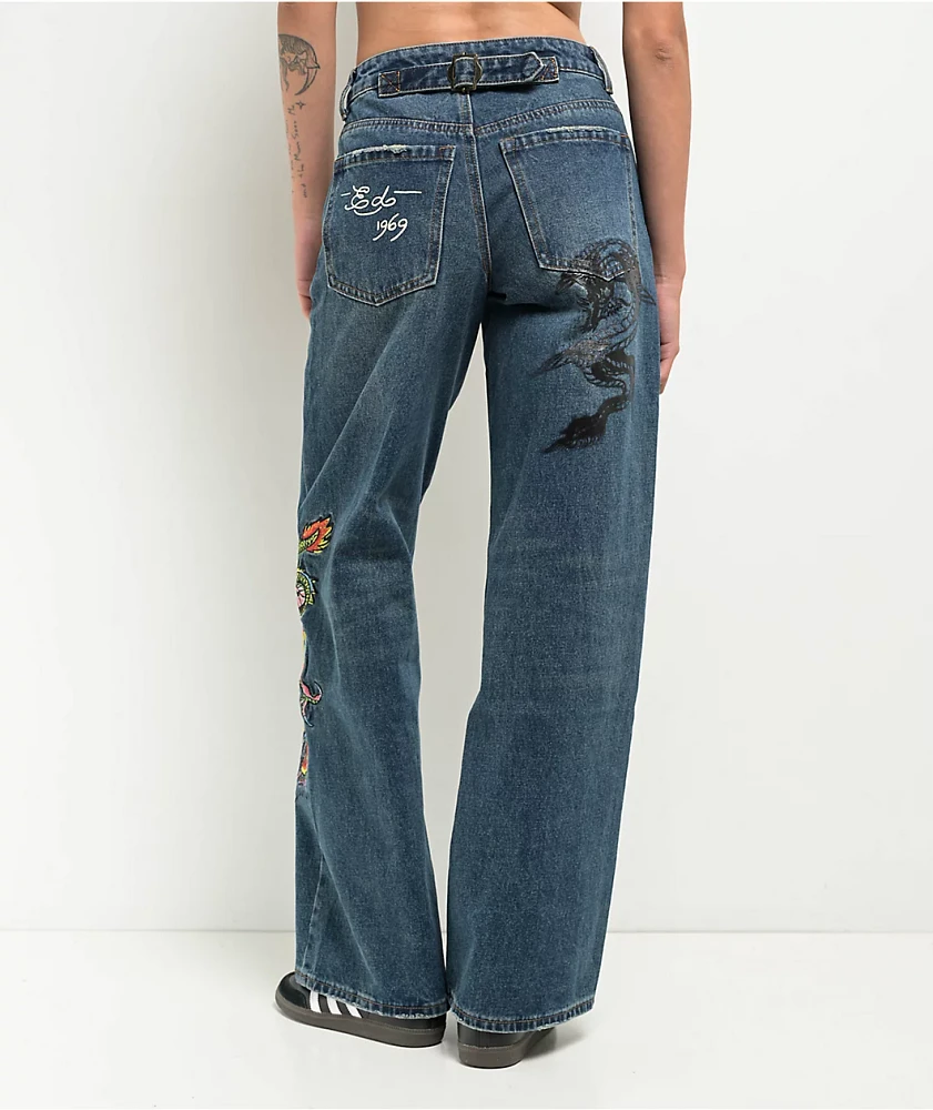 Ed Hardy Dragon Blue Wide Leg Denim Jeans