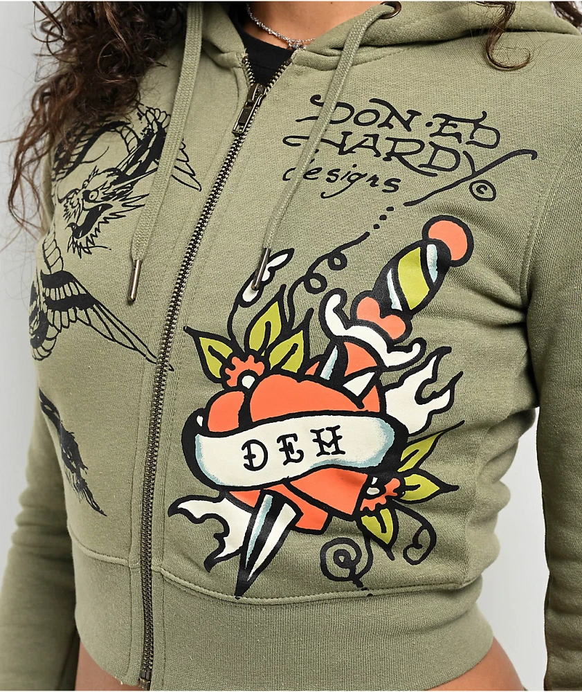 Ed Hardy Dragon Dagger Olive Crop Zip Hoodie