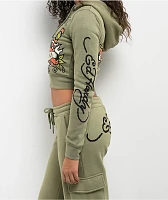 Ed Hardy Dragon Dagger Olive Crop Zip Hoodie