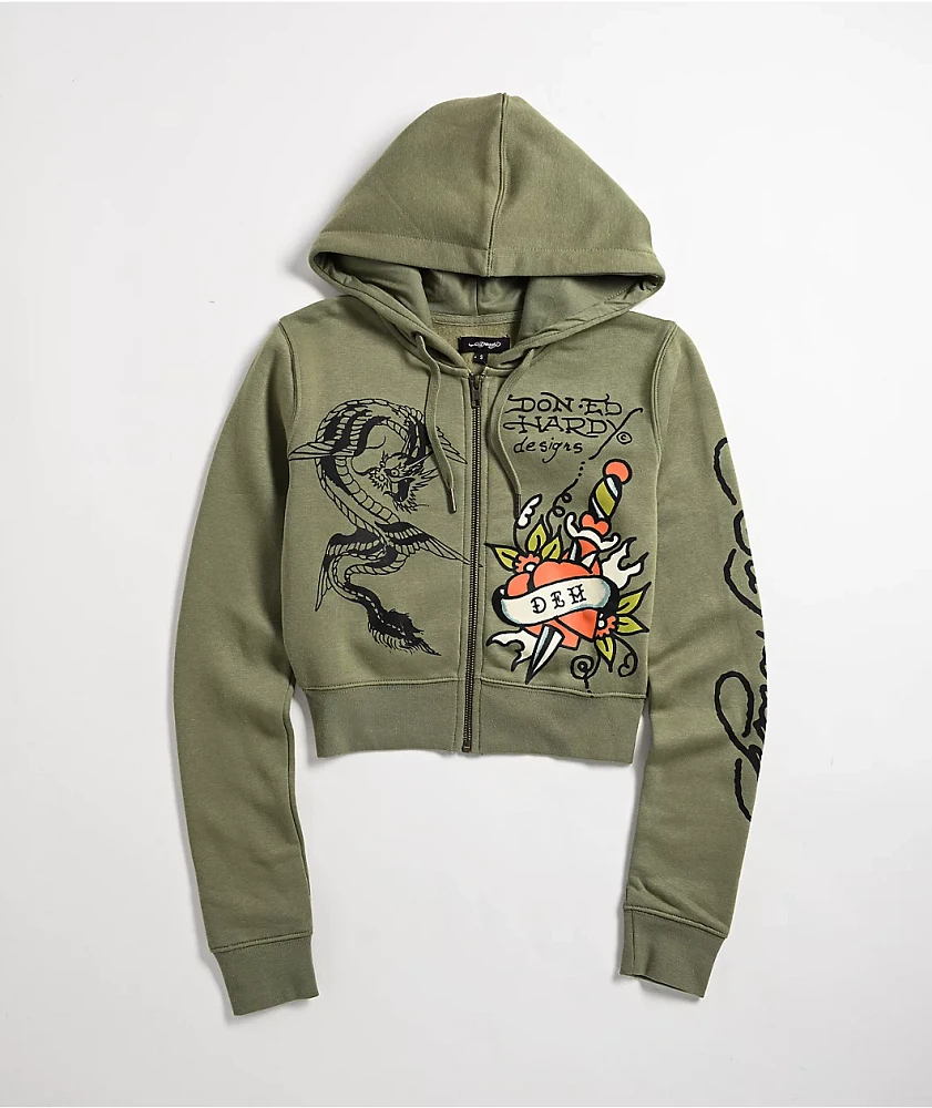 Ed Hardy Dragon Dagger Olive Crop Zip Hoodie