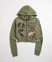 Ed Hardy Dragon Dagger Olive Crop Zip Hoodie