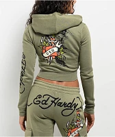 Ed Hardy Dragon Dagger Olive Crop Zip Hoodie