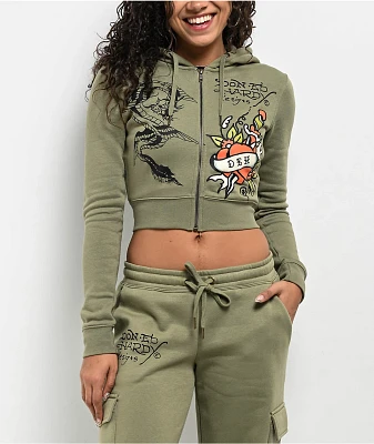 Ed Hardy Dragon Dagger Olive Crop Zip Hoodie