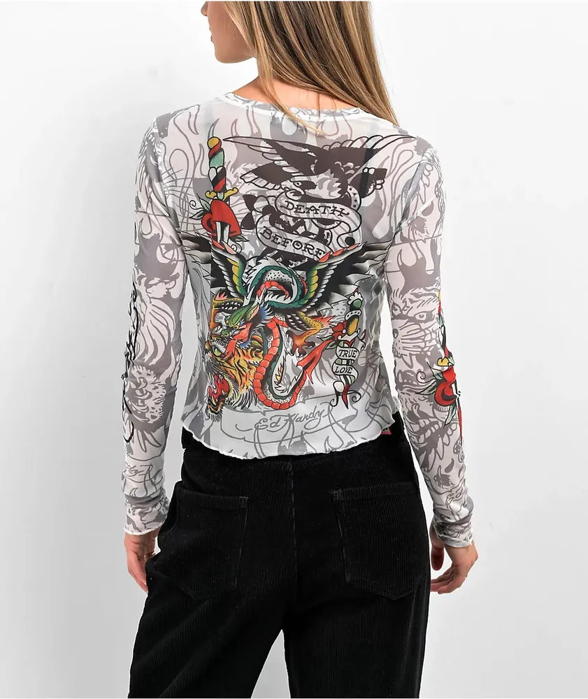 Ed Hardy Dragon Dagger White Mesh Long Sleeve Crop Top