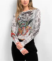 Ed Hardy Dragon Dagger White Mesh Long Sleeve Crop Top