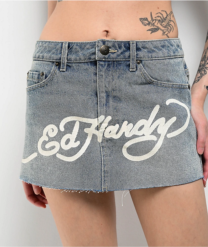 Ed Hardy Dragon Light Blue Cutoff Denim Mini Skirt