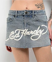 Ed Hardy Dragon Light Blue Cutoff Denim Mini Skirt