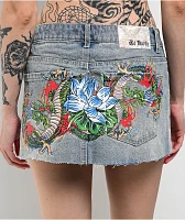 Ed Hardy Dragon Light Blue Cutoff Denim Mini Skirt