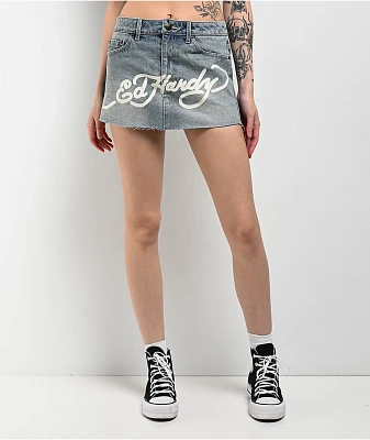 Ed Hardy Dragon Light Blue Cutoff Denim Mini Skirt