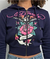 Ed Hardy Eagle Rose Navy Crop Zip Hoodie