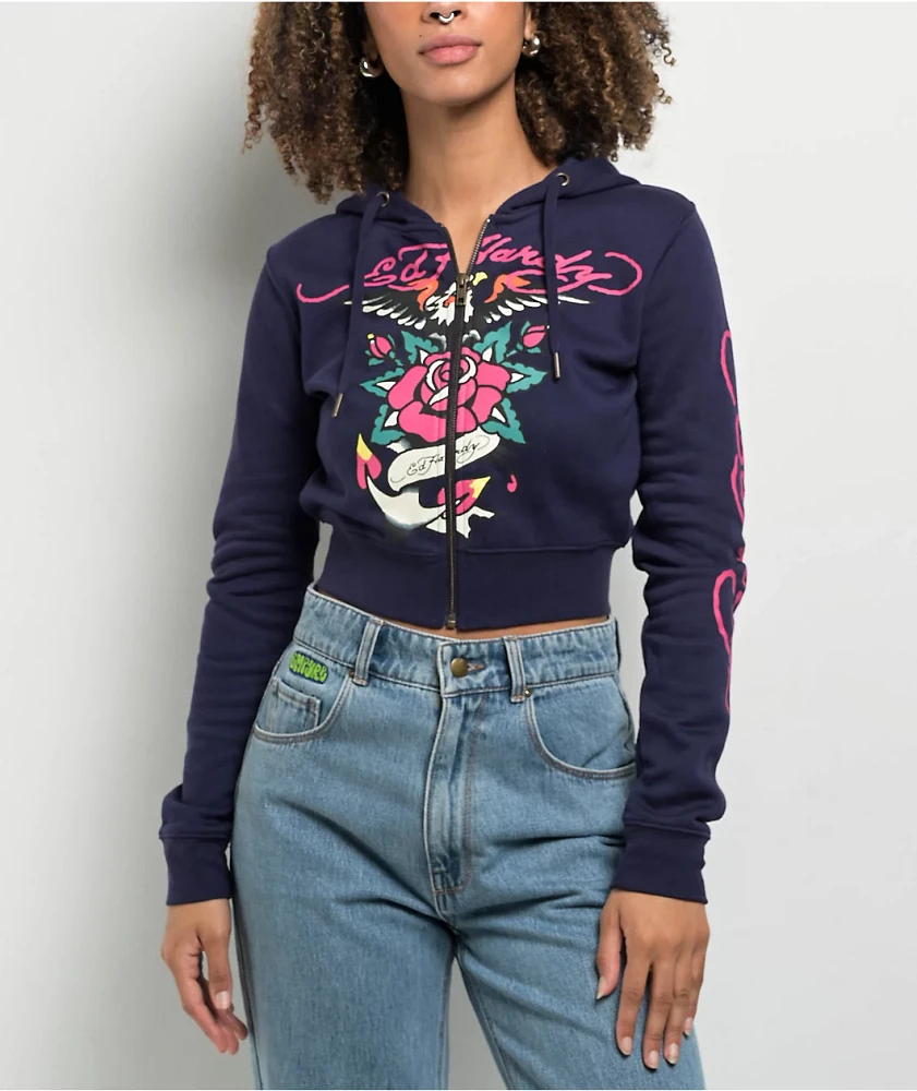 Ed Hardy Eagle Rose Navy Crop Zip Hoodie