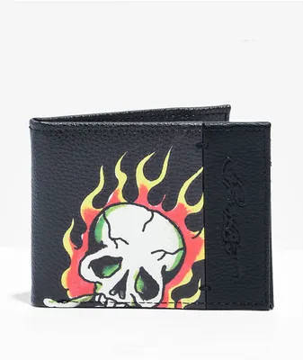 Ed Hardy Flaming Skull Bifold Black Wallet