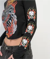 Ed Hardy Flaming Tiger Black Long Sleeve Crop T-Shirt