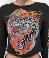 Ed Hardy Flaming Tiger Black Long Sleeve Crop T-Shirt