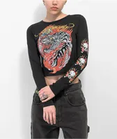 Ed Hardy Flaming Tiger Black Long Sleeve Crop T-Shirt