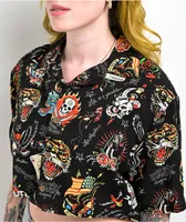 Ed Hardy Flashboard Black Crop Button Up Shirt