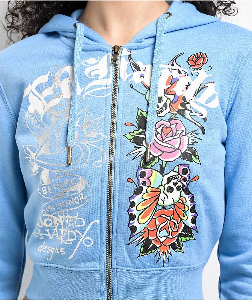 Ed Hardy Flower Skulls Powder Blue Crop Zip Hoodie