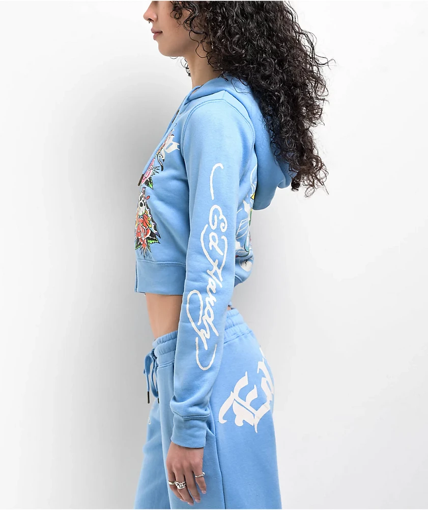 Ed Hardy Flower Skulls Powder Blue Crop Zip Hoodie