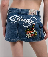 Ed Hardy Heart Dagger Light Wash Denim Cargo Mini Skirt