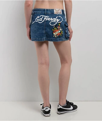 Ed Hardy Heart Dagger Light Wash Denim Cargo Mini Skirt