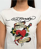 Ed Hardy Heart Sword Rhinestone Natural Crop T-Shirt