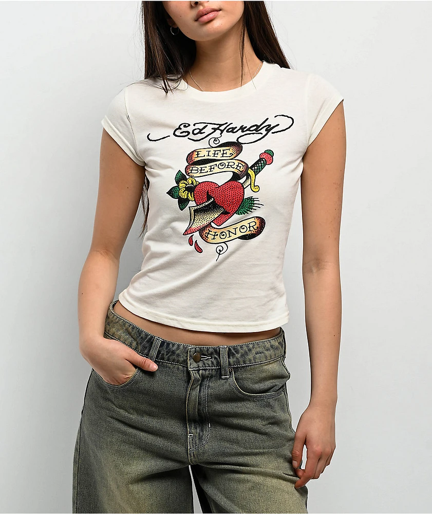 Ed Hardy Heart Sword Rhinestone Natural Crop T-Shirt