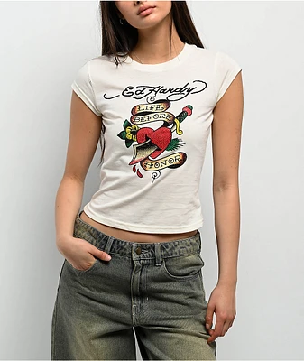 Ed Hardy Heart Sword Rhinestone Natural Crop T-Shirt