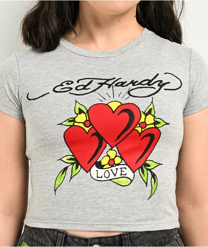 Ed Hardy Hearts Heather Grey Crop T-Shirt