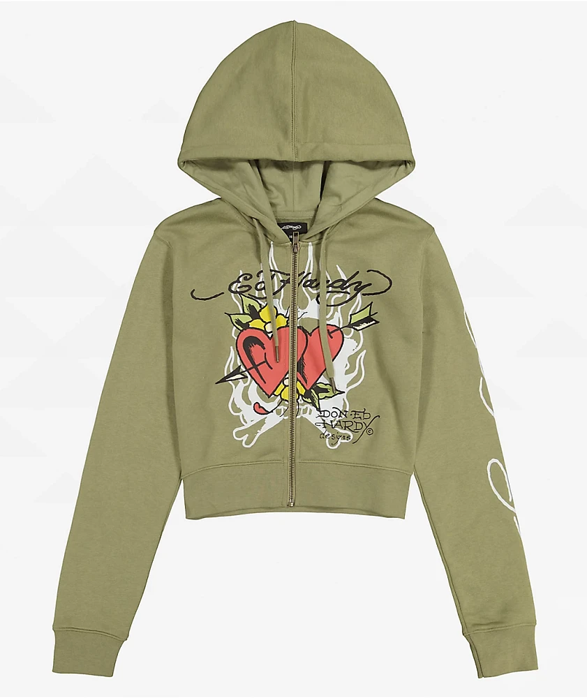 Ed Hardy Hearts Olive Crop Zip Hoodie