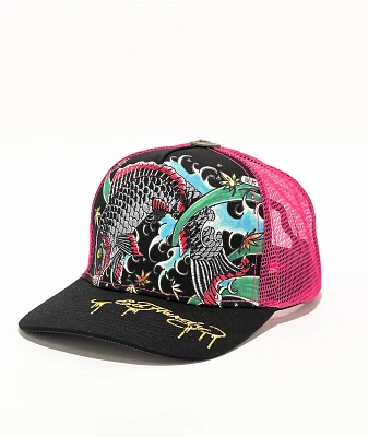 Ed Hardy Koi Fish Black & Pink Trucker Hat