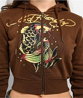 Ed Hardy Koi Fish Cocoa Crop Zip Hoodie