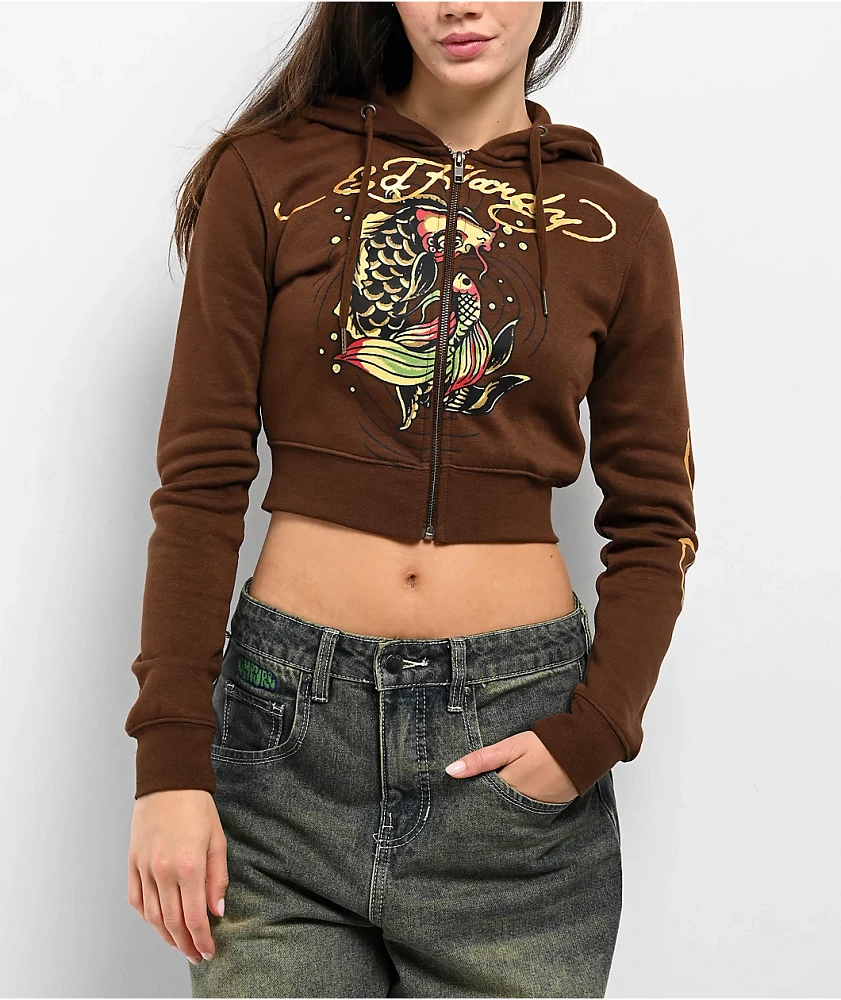 Ed Hardy Koi Fish Cocoa Crop Zip Hoodie
