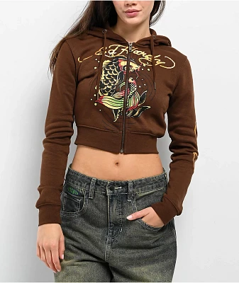 Ed Hardy Koi Fish Cocoa Crop Zip Hoodie