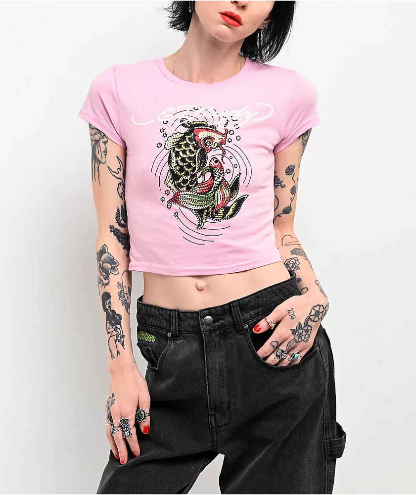 Ed Hardy Koi Rhinestone Pink Crop T-Shirt