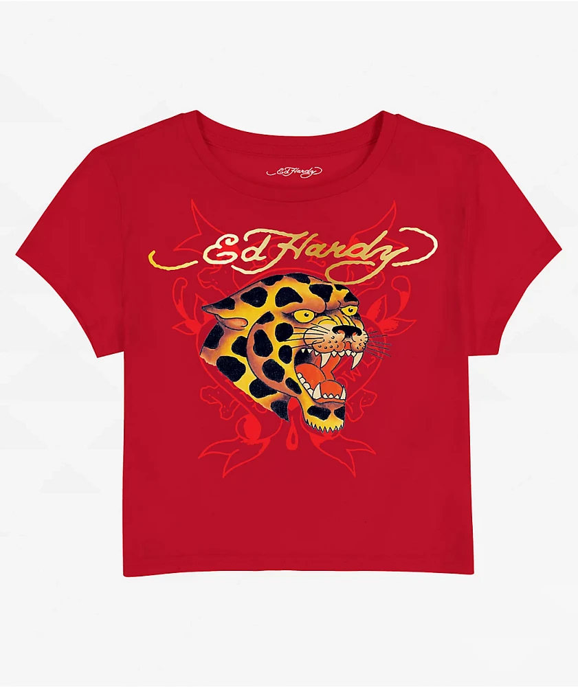Ed Hardy Leopard Cherry Red Crop T-Shirt