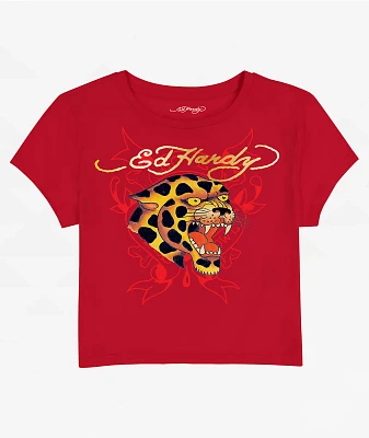 Ed Hardy Leopard Cherry Red Crop T-Shirt
