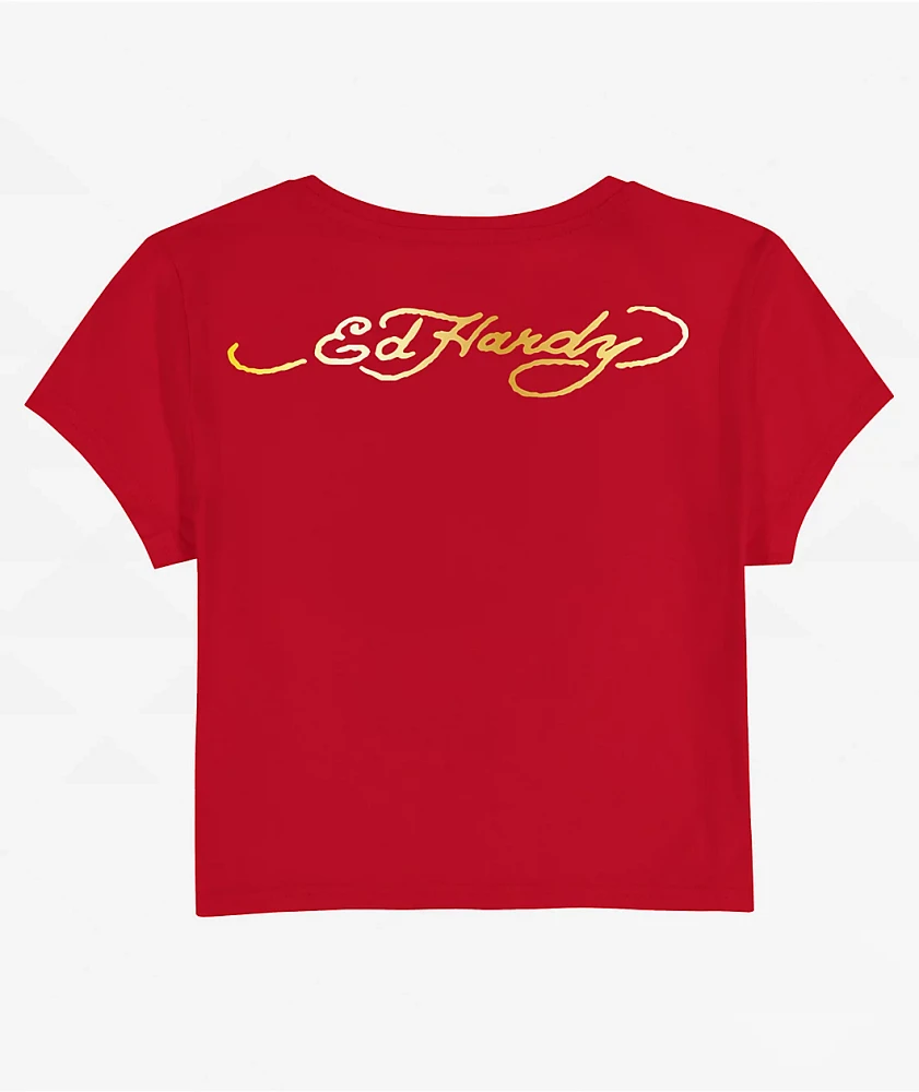 Ed Hardy Leopard Cherry Red Crop T-Shirt