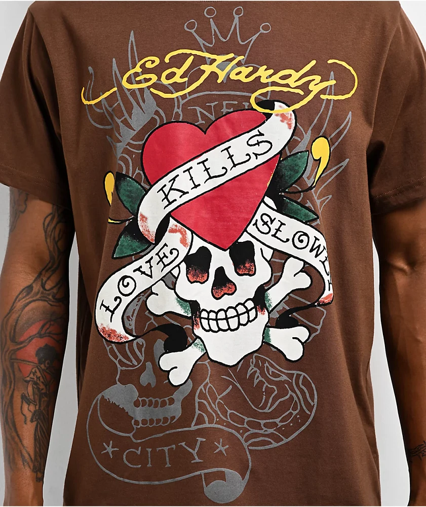 Ed Hardy Love Kills Slowly Skull Brown T-Shirt