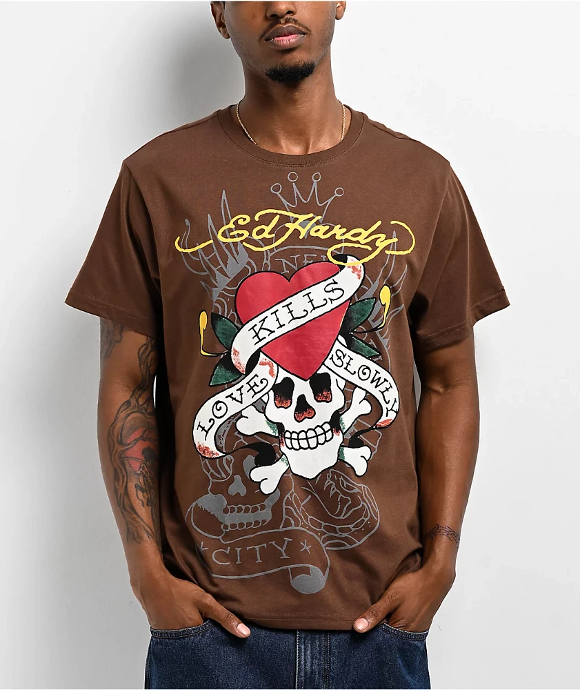 Ed Hardy Love Kills Slowly Skull Brown T-Shirt