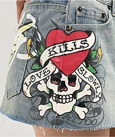 Ed Hardy Love Kills Slowly Skull Denim Cutoff Mini Skirt