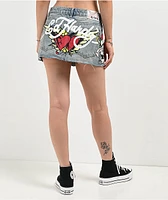 Ed Hardy Love Kills Slowly Skull Denim Cutoff Mini Skirt