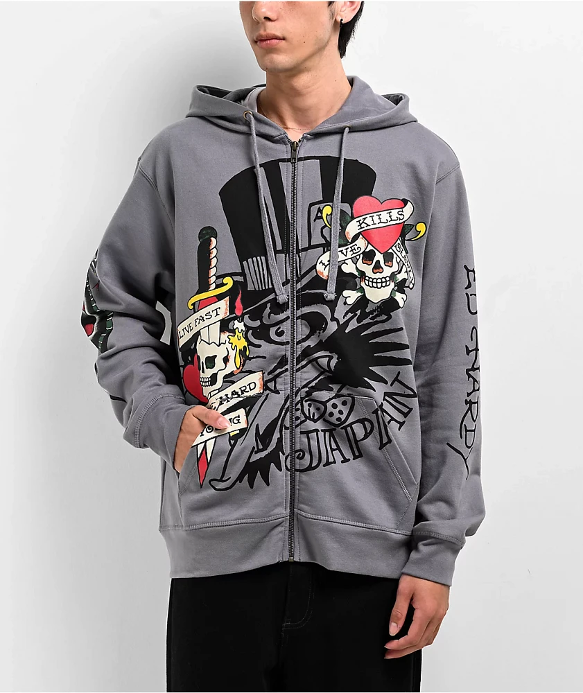 Ed Hardy Love Kills Slowly Skull Grey Zip Hoodie